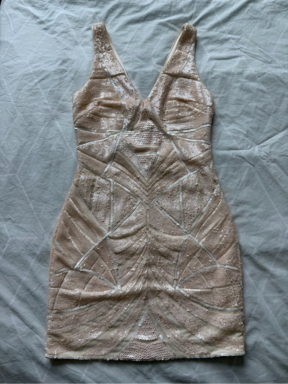 bebe Sequin Bodycon Mini Dress Champagne Nude XS Sleeveless Party Cocktail